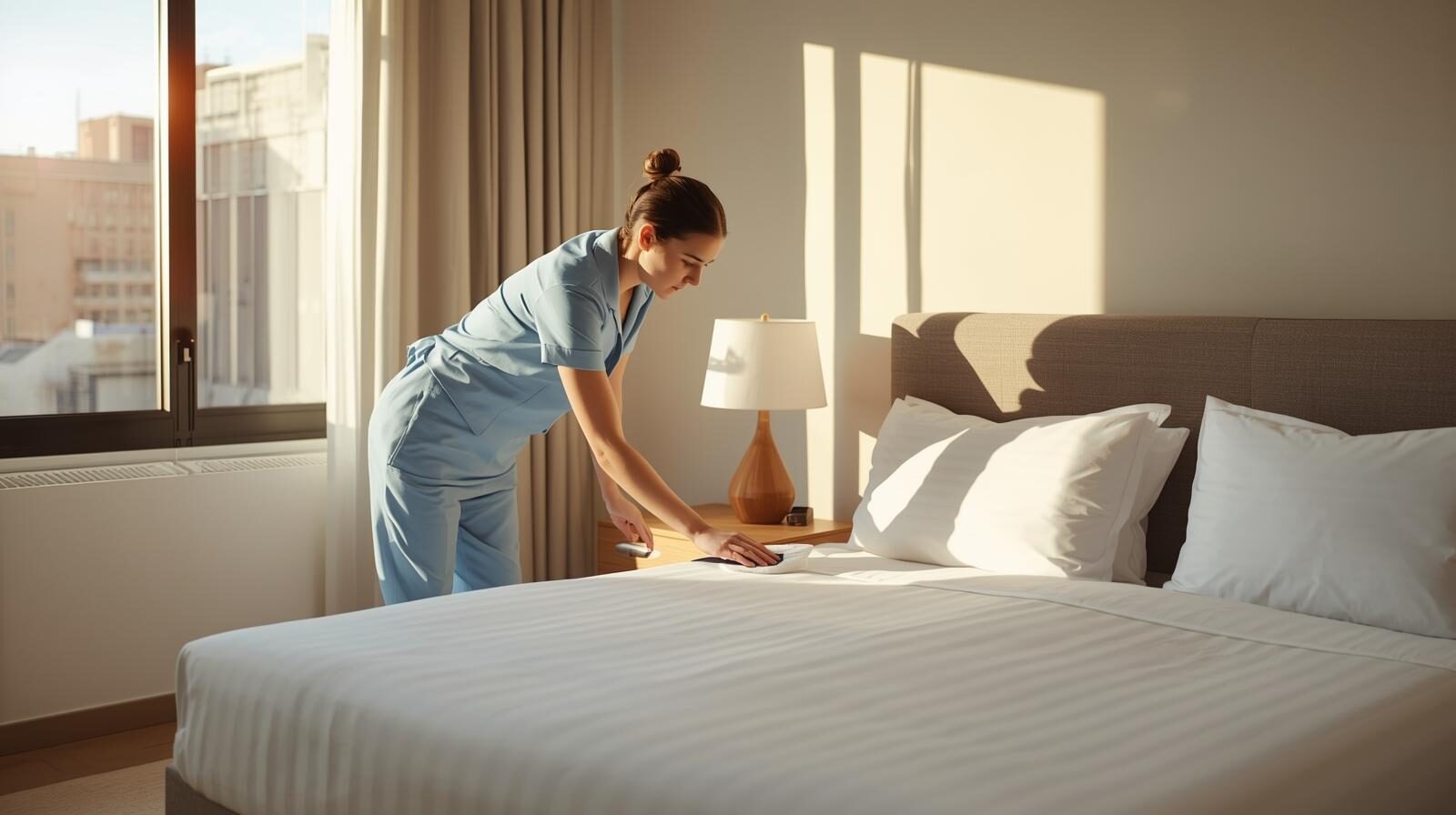 Cleaner making a bed in a Toronto Airbnb with a city view
