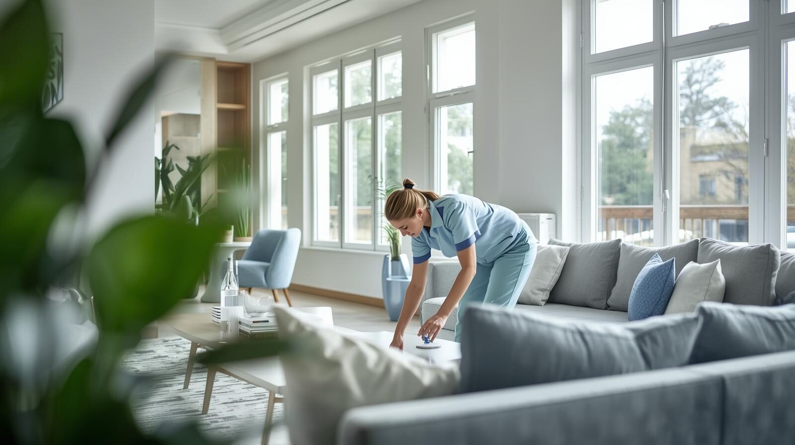 Professional cleaner wiping a coffee table in a bright Toronto condo living room