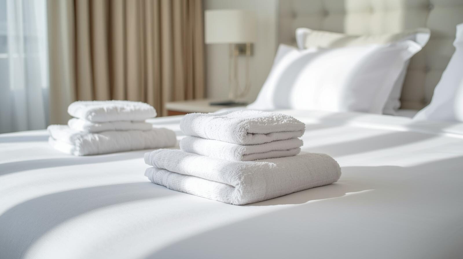 Fresh folded white towels staged on a hotel-style bed