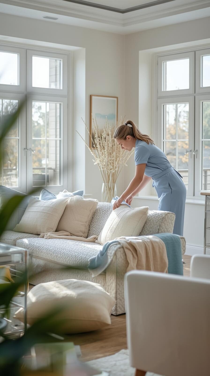 Cleaner styling sofa cushions in a bright Toronto living room