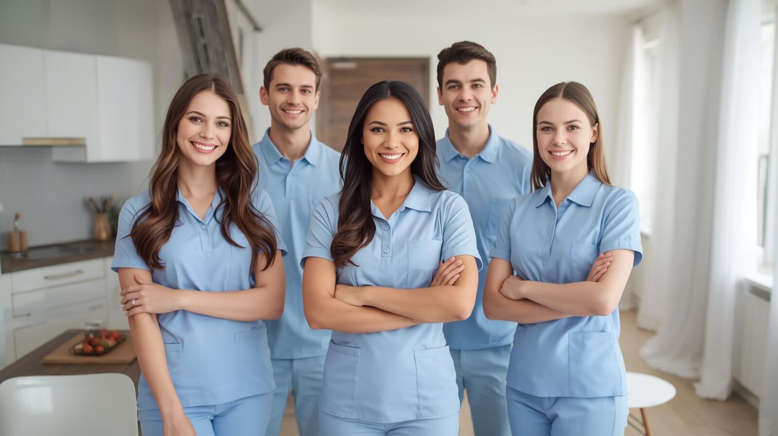 The Soda Cleaning team in light blue uniforms in a Toronto apartment